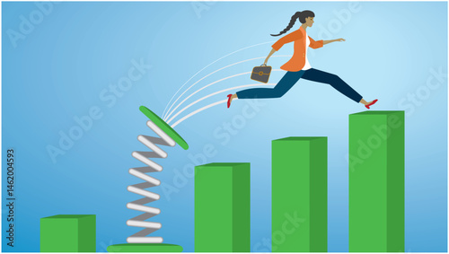 Woman jumping with a bounce to higer position. Career and development. New job. Dimension 16:9. Vector illustration.