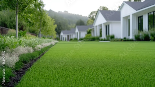 Lush Green Lawn White Houses Modern Style High-definition Soft Lighting Low Angle View Neatly Trimmed Edges Landscaping Design Hillside Setting Vibrant Green Tones Real Estate Marketing