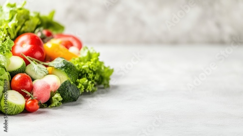 Fresh assorted vegetables.  A colorful array of vibrant, fresh vegetables, including tomatoes, peppers, cucumbers, and lettuce, creating a healthy and appetizing display