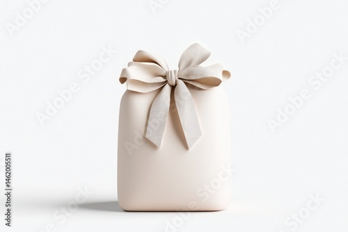 Beige gift bag with ribbon bow.  A minimalist, neutral-toned gift bag, featuring a simple, elegant design.  The light beige color creates a soft and calming aesthetic.