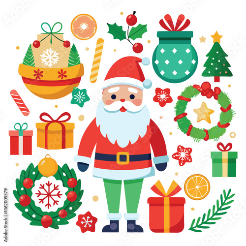 a vibrant collection of Christmas-themed illustrations, from jolly Santas to twinkling ornaments on white  background
