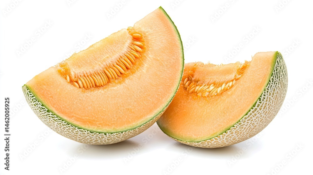 Fresh and Juicy Cantaloupe Slices on White Background Fresh and Juicy Cantaloupe Slices on White Background