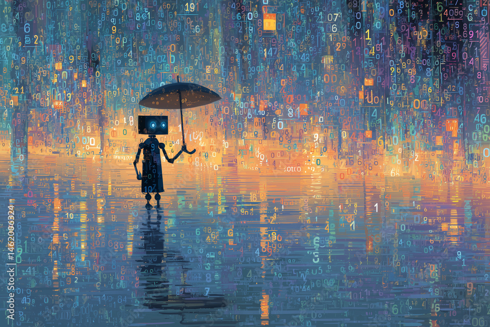 Obraz premium Robot holding umbrella in a digital rain of numbers, standing over reflective surface in glowing colors