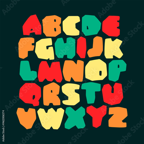 Bold faceted alphabet in bright kids style. Colorful chunky letters for playful design
