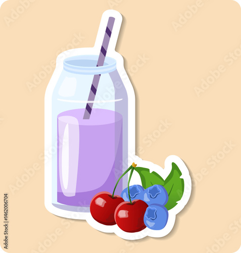 Healthy refreshing berry smoothie with straw in glass jar
