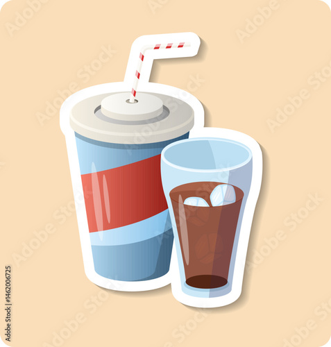 Paper cup with straw and glass with ice cubes containing soda is refreshing on hot summer day