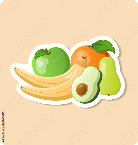 Fresh fruit still life featuring bananas, an avocado and an apple