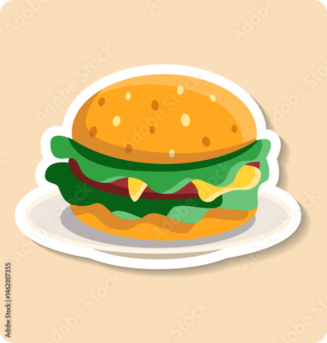 Delicious burger lying on plate with tropical leaves background