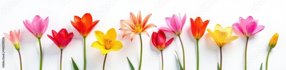 Naklejka premium Several freesia stems, various colors, against pure white , minimal, vibrant