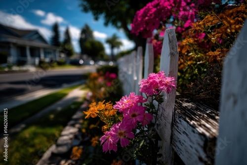 Wallpaper Mural Pink and orange flower bloom along weathered white picket fence with sunlight, residential street in background Torontodigital.ca