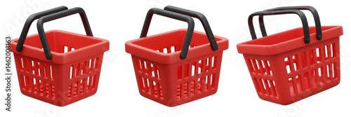 3d red shopping baskets on transparent background