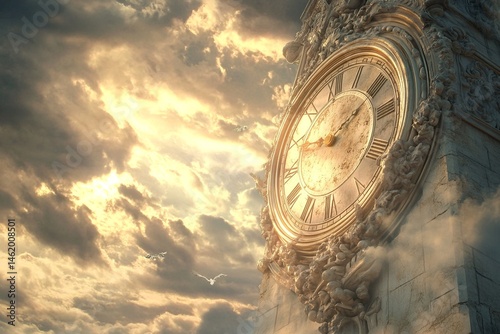 A massive golden clock suspended in a stormy sky, illuminated by dramatic light, symbolizing urgency and the end times.

