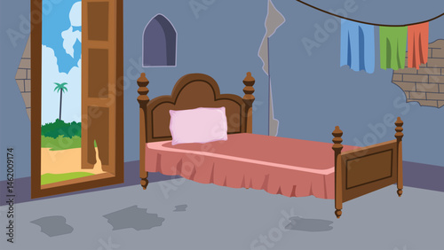 2d village cartoon bedroom or reading room with chare, table, window.
