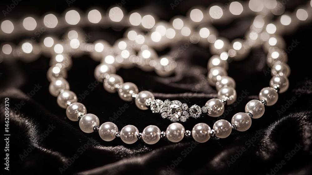 Elegant pearl necklace with sparkling accents on luxurious fabric Elegant pearl necklace with sparkling accents on luxurious fabric