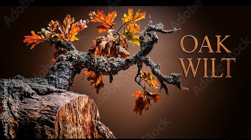 Artistic depiction of a gnarled oak tree with autumn leaves against a dark background and oak wilt awareness
