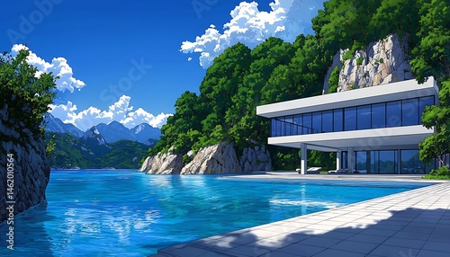 Modern house by the pool, surrounded by lush vegetation and mountains