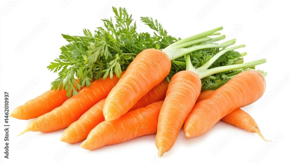 Fresh Orange Carrots with Green Tops on a White Background Fresh Orange Carrots with Green Tops on a White Background