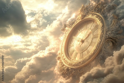 A massive golden clock suspended in a stormy sky, illuminated by dramatic light, symbolizing urgency and the end times.

