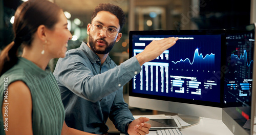 Wallpaper Mural Business people, stock market and night with computer for profit, financial growth or increase at office. Businessman, woman or brokers with tech screen or display for online trading or investment Torontodigital.ca