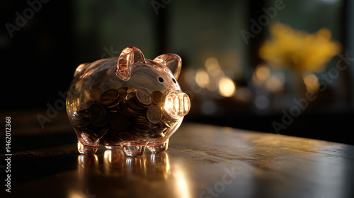 Transparent piggy bank filled with coin symbolise savings. photo