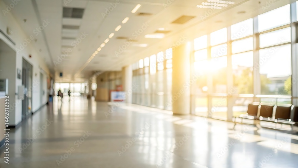 Fototapeta premium Sunlit airport corridor with blurred background modern architecture inspiring travel scene