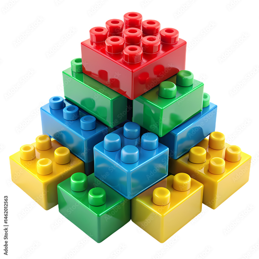 Obraz premium Colorful Plastic Building Blocks Stacked in a Pyramid isolated on transparent background