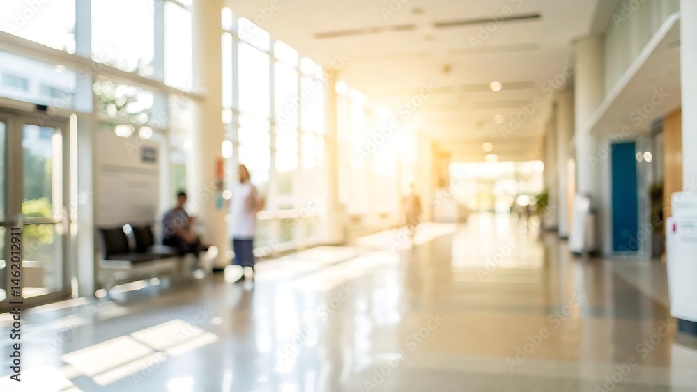 Fototapeta premium Dynamic action shot of people in a bright hospital corridor with blurred background