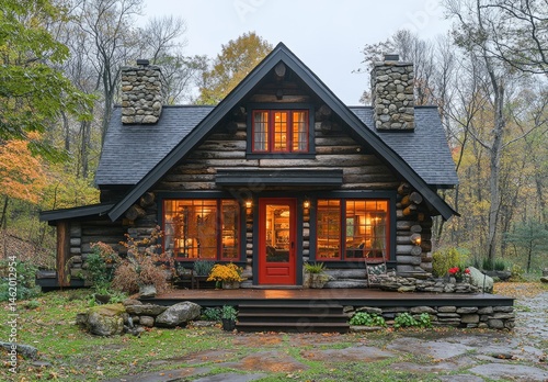 Rustic log cabin nestled amongst autumn foliage.