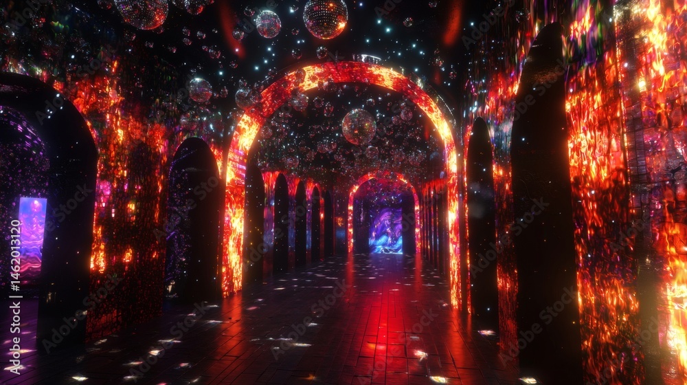 Obraz premium 37. Nightclub entrance with digital flames and disco balls orbiting above
