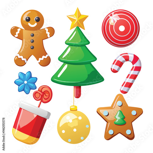 a collection of shiny, 3D-rendered Christmas icons, including a tree, gingerbread man, and candy cane on white  background