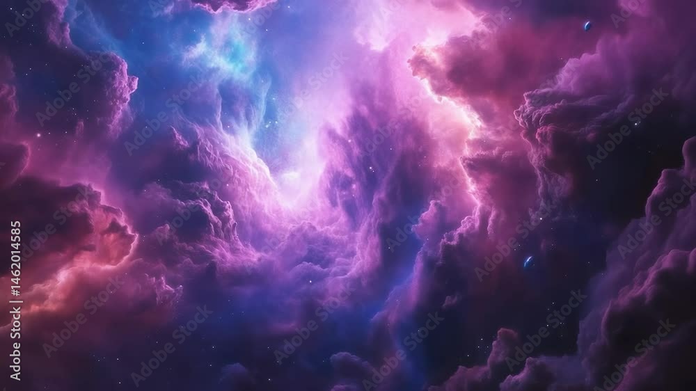 Nebula clouds glow in calm cosmos. Universe filled with rich nebula clouds. Cosmos shows nebula formations. Clouds stretch through open cosmos. Light fills cosmic nebula clouds in space.