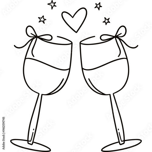 Wine glasses with bows and heart and stars celebration line art vector illustration. Two wine glasses toasting with bows and heart and stars celebration line art