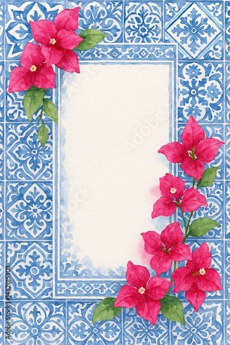 An elegant watercolor illustration featuring a blue decorative tile border with intricate patterns, framing a blank central space. Vivid pink bougainvillea flowers adorn the top left and lower right.