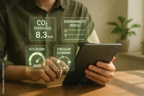 Person using a tablet to track their carbon footprint and sustainability goals. Eco-conscious lifestyle.