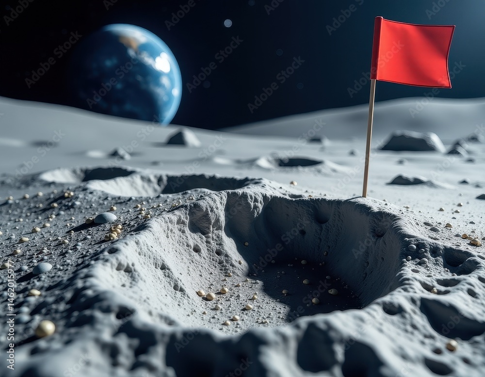 Red Flag on the Moon, Earth in Background, Lunar Surface, Gold Nuggets