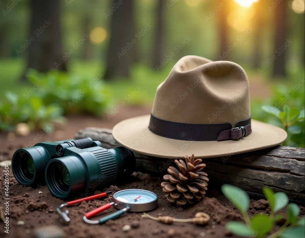 Explorer's Kit Binoculars, Hat, Compass in Forest Setting