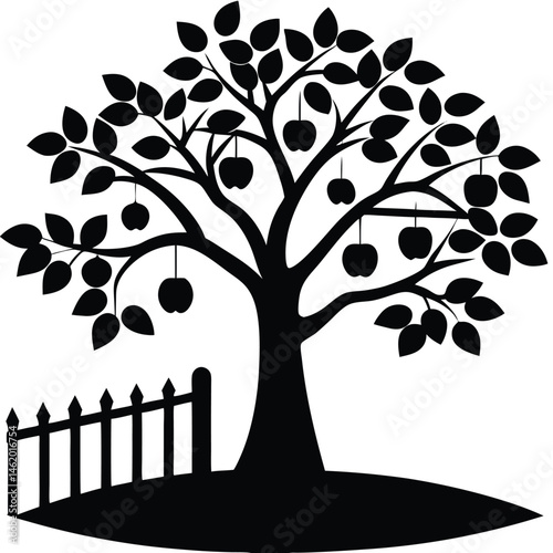 Silhouette of an Apple Tree with Fence Illustration