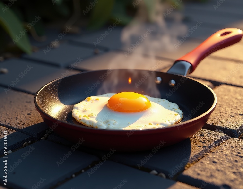 Delicious Sunny-Side Up Egg in a Red Frying Pan Outdoors