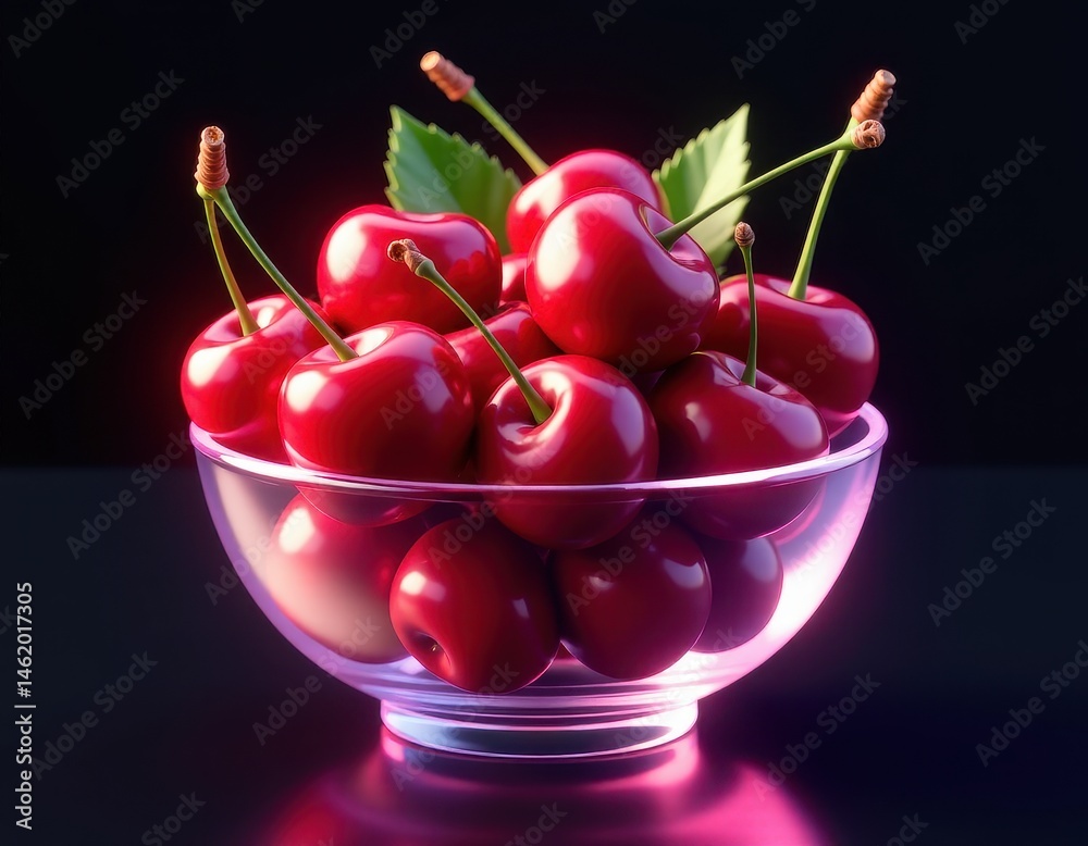 Bowl of Fresh Cherries - Vibrant Red Fruit in Glass Bowl.