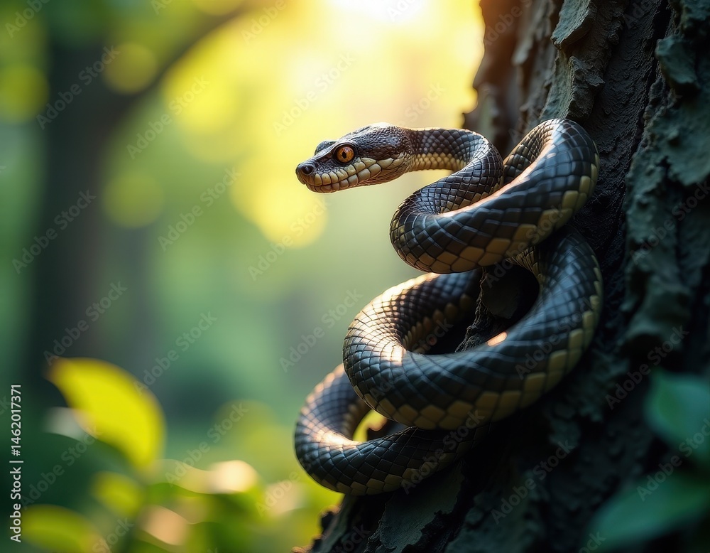 Majestic Snake on Tree Trunk in Golden Sunlight.