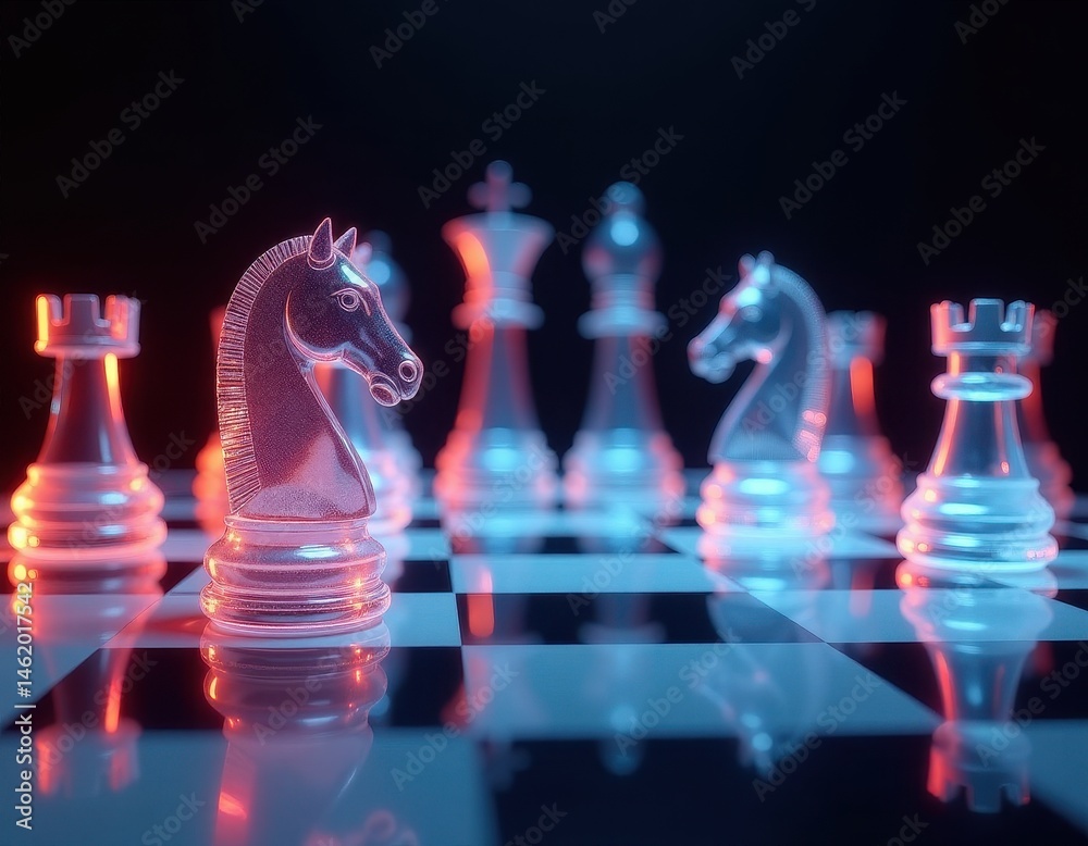 Glass Chess Knight, Strategy Game, Neon Light, Competition Concept.