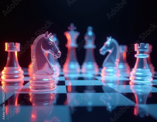 Obraz na płótnie Glass Chess Knight, Strategy Game, Neon Light, Competition Concept. w salonie