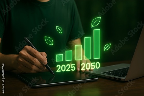 Person using a stylus on a tablet, visualizing a green growth chart from 2025 to 2050.