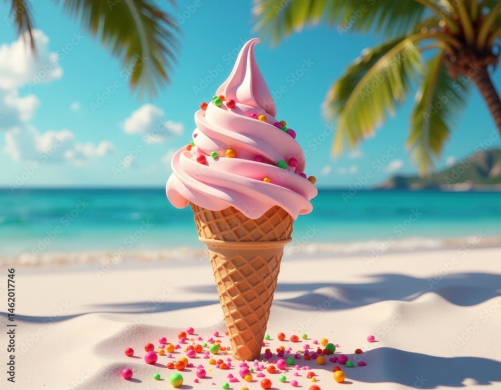 Pink Ice Cream Cone on Tropical Beach - Summer Dessert