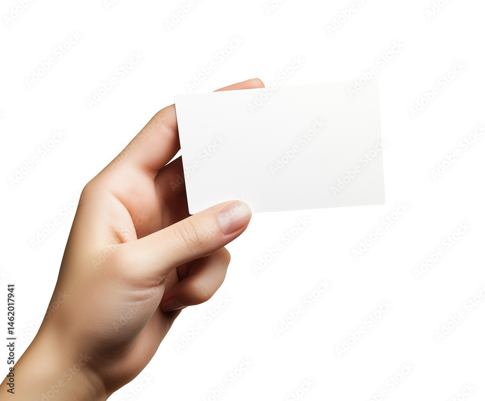 Obraz premium Hand holding postcard mockup isolated on white background. Letter, invitation, brochure, greeting template with place for text. 
