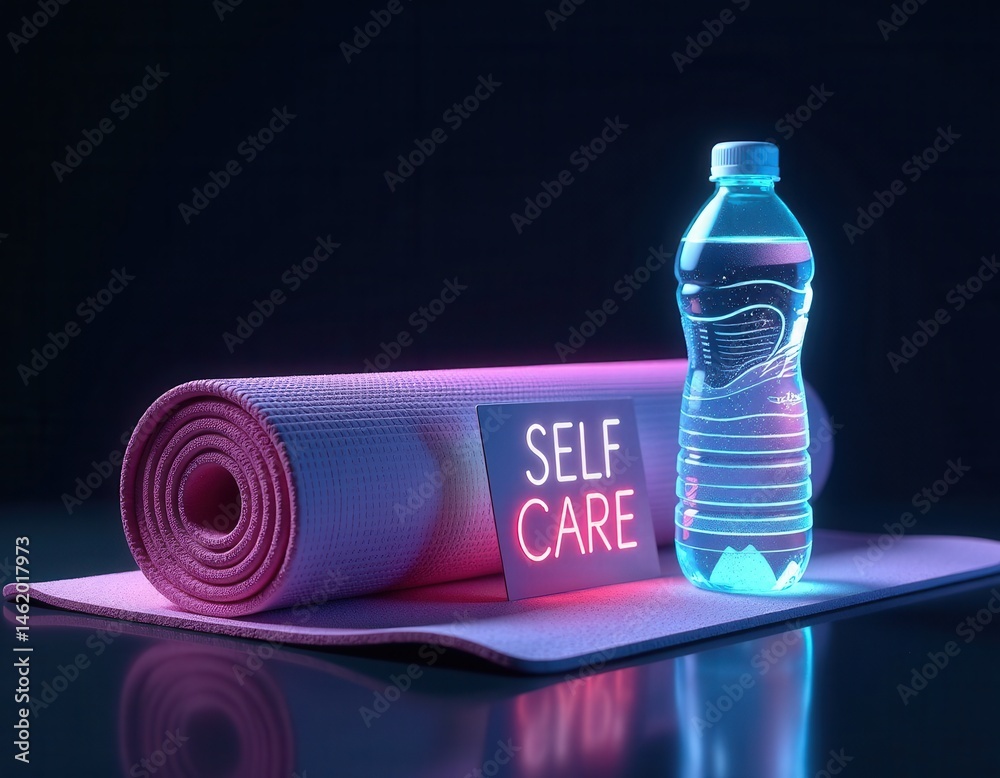 Self Care Yoga Mat, Water Bottle, Neon Sign - Wellness Concept