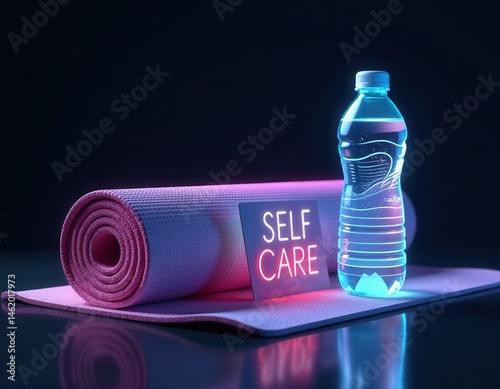 Obraz na płótnie Self Care Yoga Mat, Water Bottle, Neon Sign - Wellness Concept w salonie