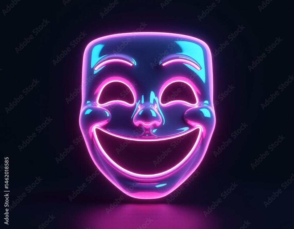 Neon Happy Mask, 3D Render, Purple Pink Glowing Comedy Theatrical Face