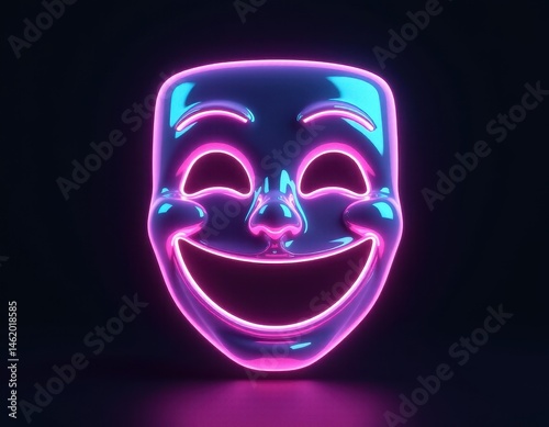 Obraz na płótnie Neon Happy Mask, 3D Render, Purple Pink Glowing Comedy Theatrical Face w salonie