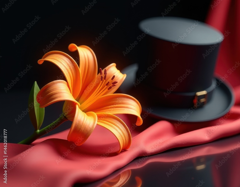 Orange Lily and Top Hat on Red Fabric - Elegant Still Life Photography